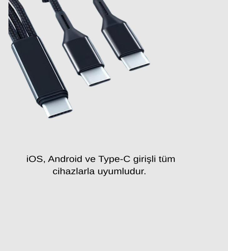 3’ü 1 Arada Şarj Kablosu Type-C iOS Android Uyumlu Hızlı ve Güvenli Şarj - Lisinya