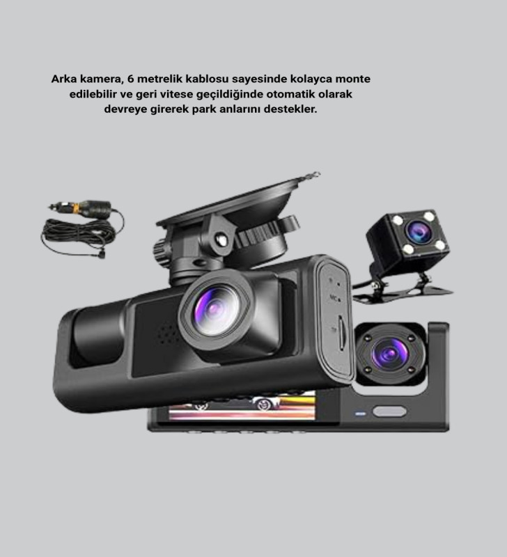 Üç Kameralı Araç İçi Kayıt Sistemi Full HD Gece Görüşlü ve G-Sensör Destekli - Lisinya