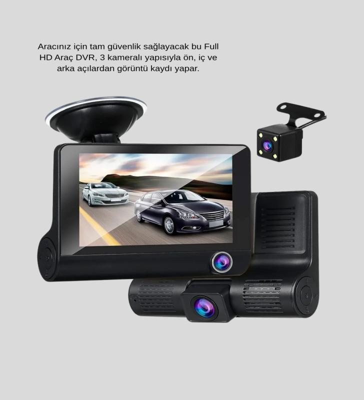Full HD Araç Kamerası 3’lü 4.0” Ekranlı ve HDR Gece Görüşlü - Lisinya