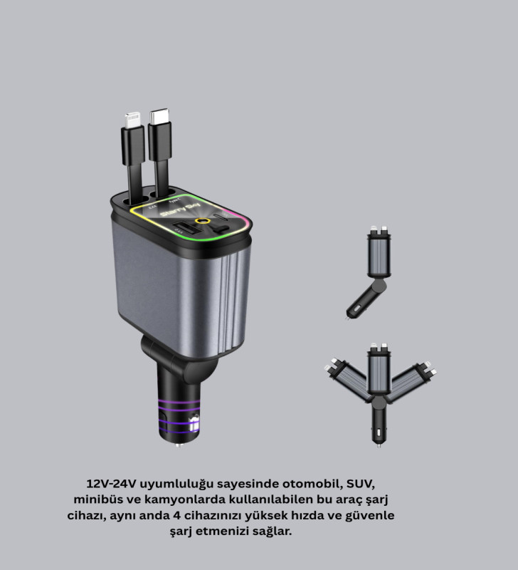 Araç Şarj Cihazı 4 Portlu 66W Hızlı Şarjlı LED Işıklı ve 180° Dönebilir - Lisinya