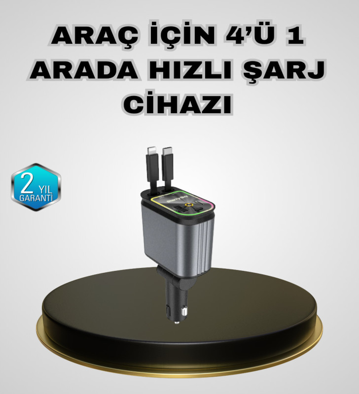 Araç Şarj Adaptörü 66W PD QC Hızlı Şarjlı ve Çekilebilir Kablolu - Lisinya