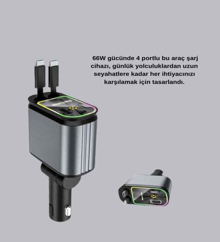 Araç Şarj Cihazı 66W 4 Portlu Hızlı Şarj ve LED Işıklı - Lisinya