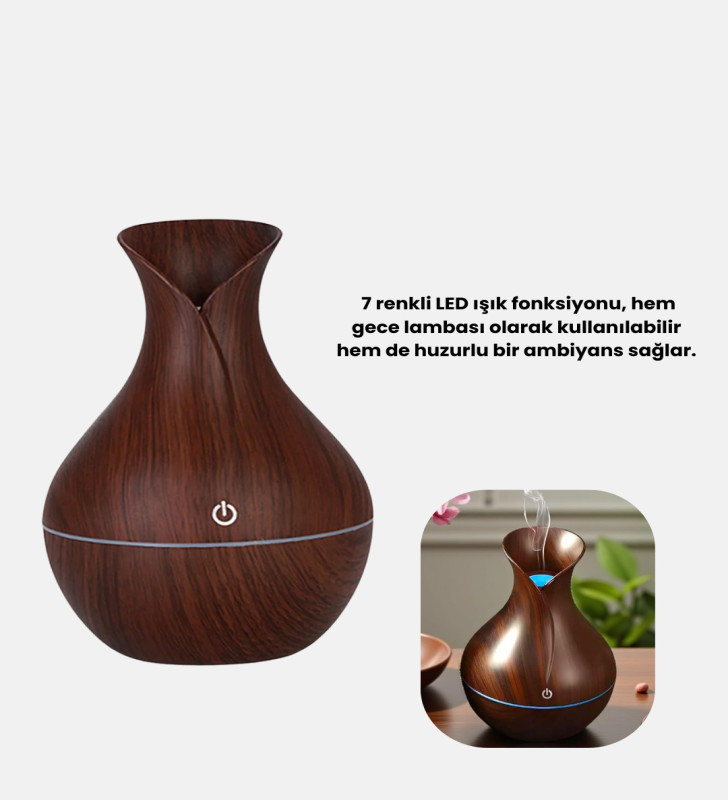 Ahşap Desenli Aromaterapi Difüzör 130 ml Ultrasonik ve 7 Renk LED Işıklı - Lisinya