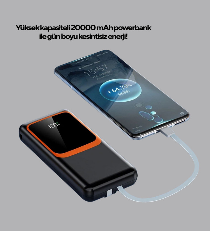 Powerbank 20000 mAh 22.5W Hızlı Şarjlı ve Kompakt Çoklu Kablo Çıkışlı - Lisinya