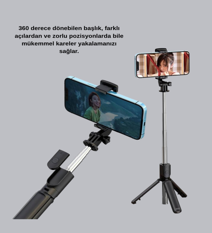 Bluetooth Selfie Çubuğu – 360° Dönebilen Başlık, Kablosuz Bağlantı - Lisinya