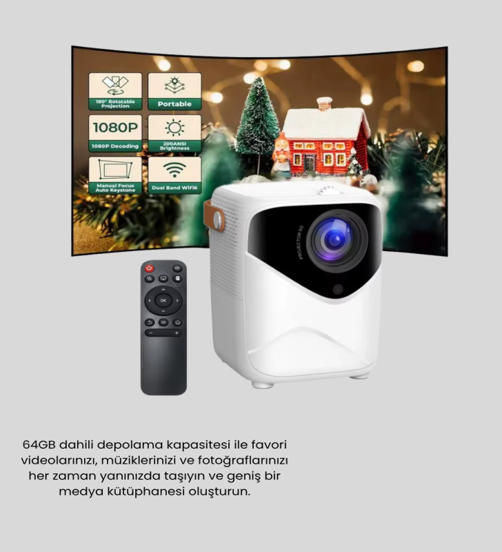 Taşınabilir Akıllı 1080P Projektör – 64GB Hafıza, 2GB RAM, Full HD Görüntü, Kumandalı - Lisinya