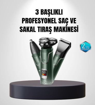 3D Akıllı Kesim Teknolojili Şarjlı Tıraş Seti – 3 Başlıklı, Paslanmaz Çelik Bıçaklı - Lisinya