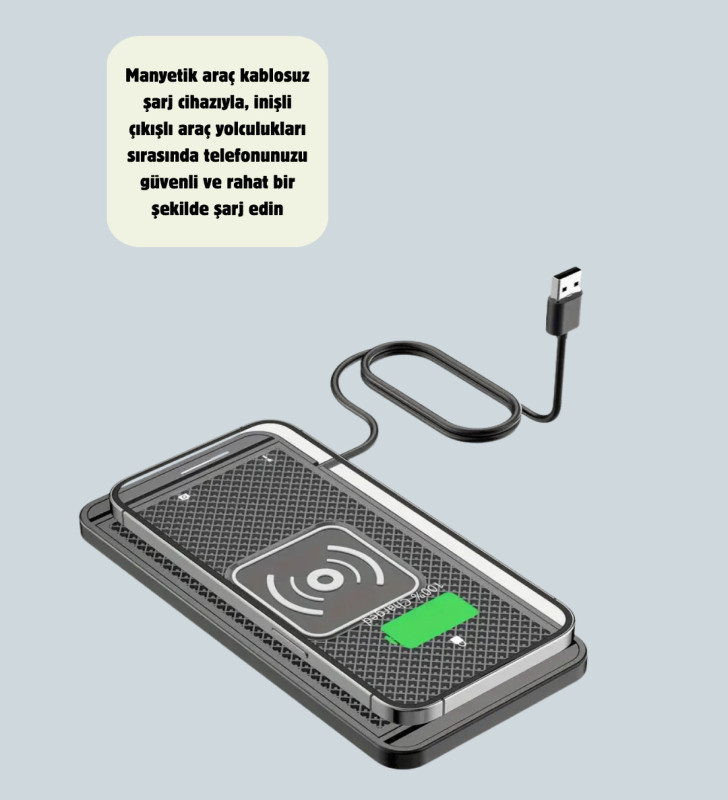 Kaymaz Manyetik Kablosuz Şarj Pedi – Araç, Ofis ve Ev Kullanımına Uygun - Lisinya