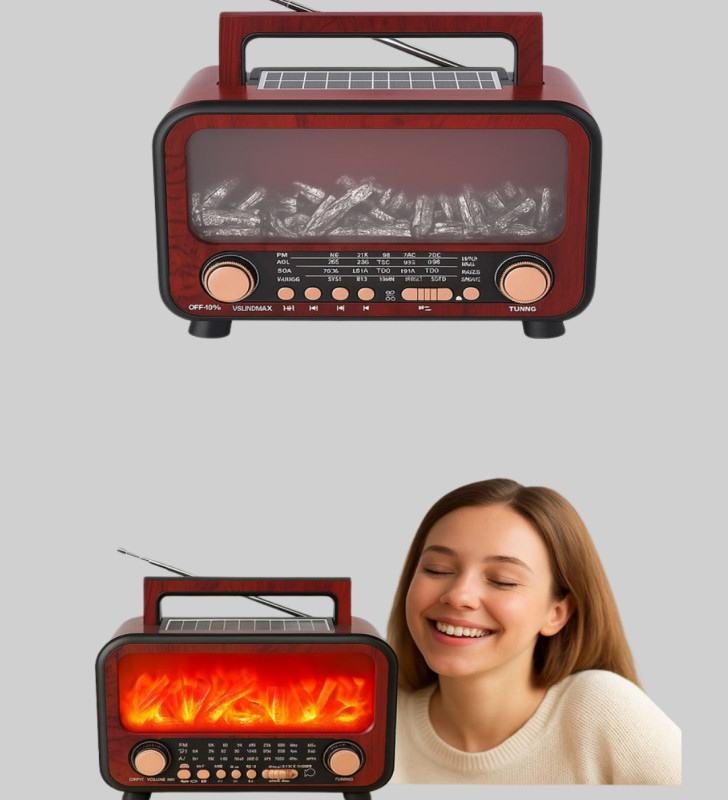 Taşınabilir Şömine Görünümlü Bluetooth Hoparlör – Solar Şarjlı, Alev Işıklı, 7W Ses - Lisinya