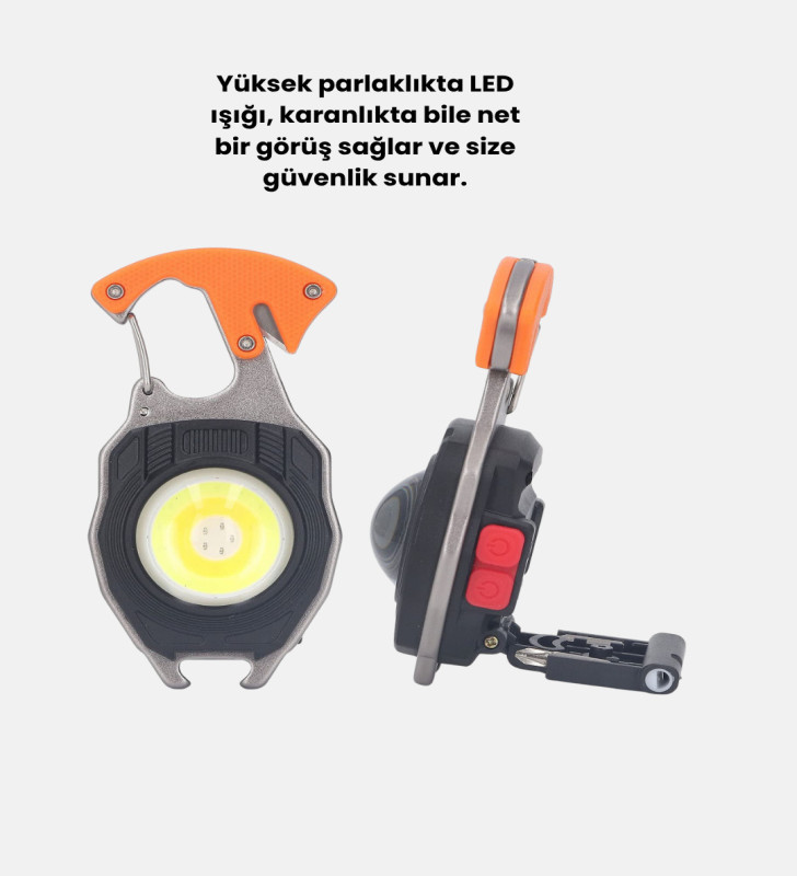 Mini LED Anahtarlık Fener – Şişe Açacağı, Tornavida, Düdük ve USB Şarj Özellikli - Lisinya