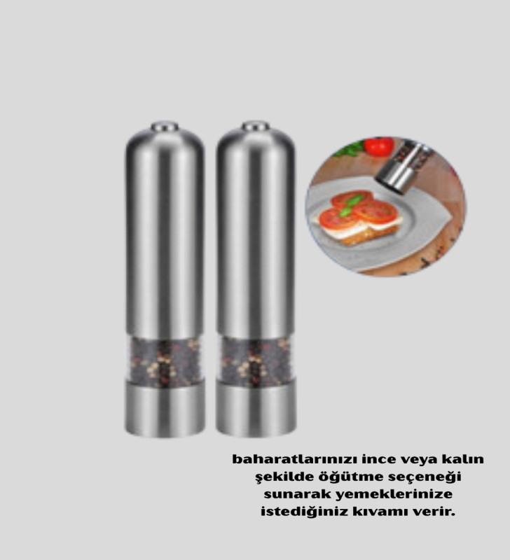 Modern Otomatik Baharat Öğütücü Seti – Pilli, Paslanmaz Çelik, LED Aydınlatmalı - Lisinya