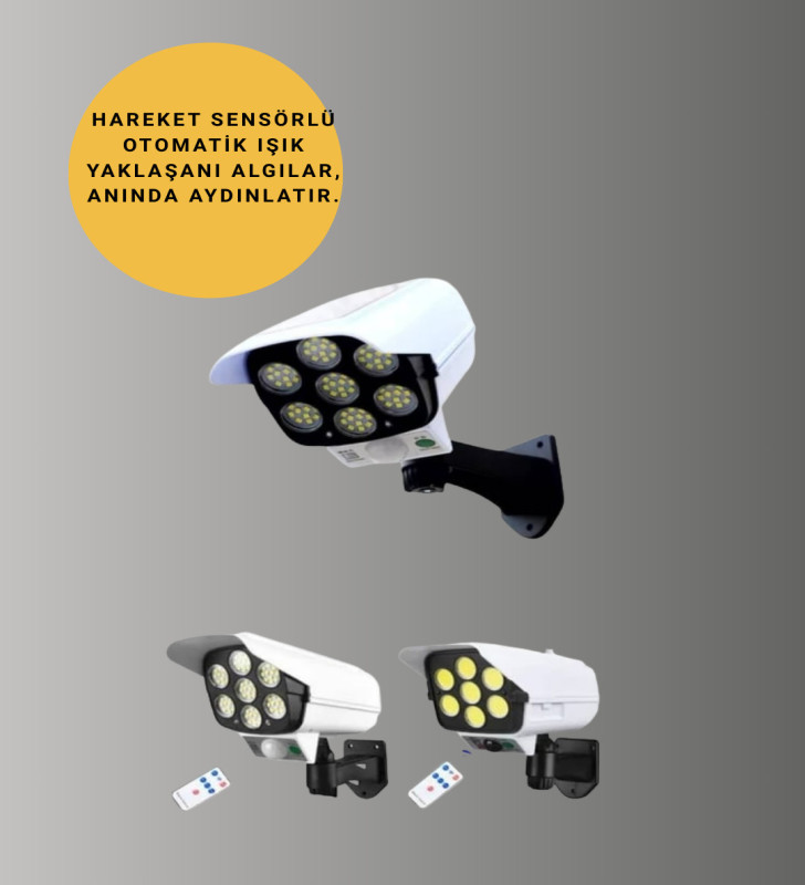 77 LED'li Güneş Enerjili Güvenlik Lambası ve Kukla Kamera – Hareket Sensörlü, 2400mAh Pilli - Lisinya