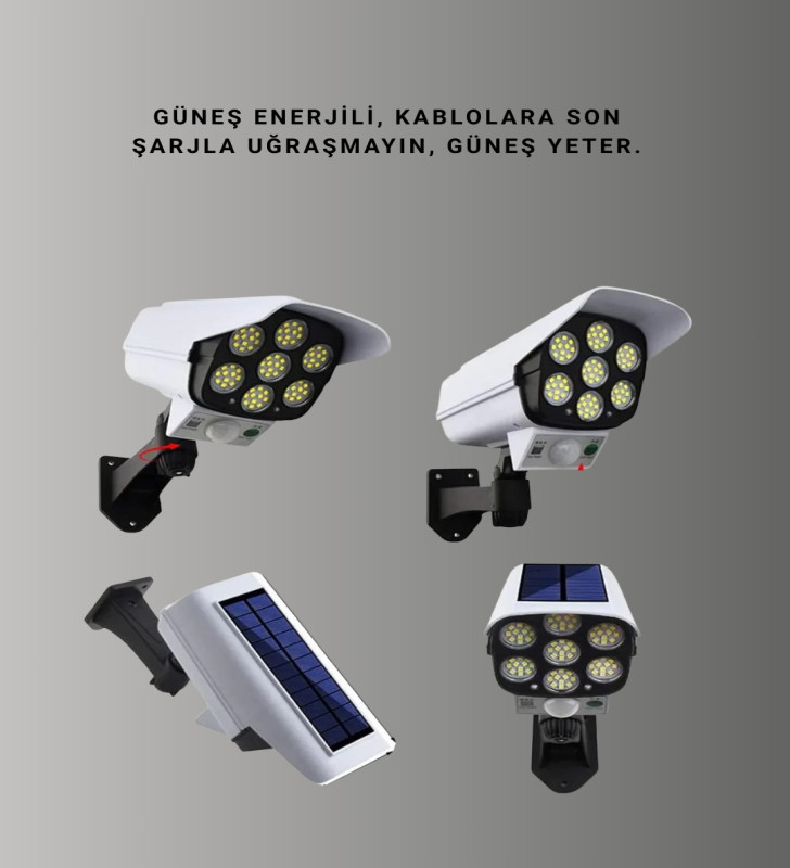 Güneş Enerjili LED Lamba + Güvenlik Kamerası Görünümlü– 5-8 m Hareket Algılamalı, Beyaz Işık - Lisinya