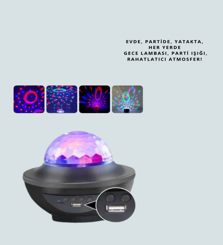 Sesle Etkileşimli Yıldız Projektörlü Gece Lambası – Bluetooth Hoparlörlü, USB Girişli, Dönen Okyanus - Lisinya