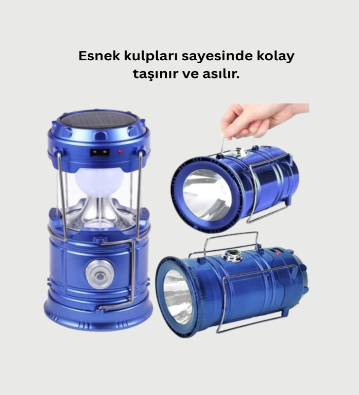 Güneş Enerjili Kızaklı Şarjlı Büyük Boy Kamp Feneri – USB Çıkışlı, Katlanabilir, Çok Fonksiyonlu - Lisinya