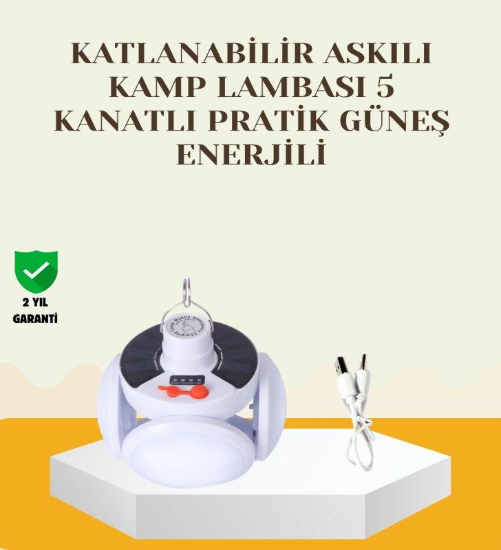 Güneş Paneliyle Şarj Olan Katlanabilir LED Çadır Lambası – 5 Kademeli Aydınlatma - Lisinya