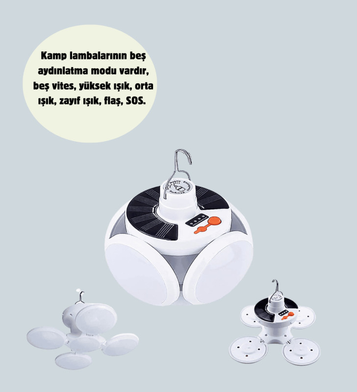 Güneş Paneliyle Şarj Olan Katlanabilir LED Çadır Lambası – 5 Kademeli Aydınlatma - Lisinya