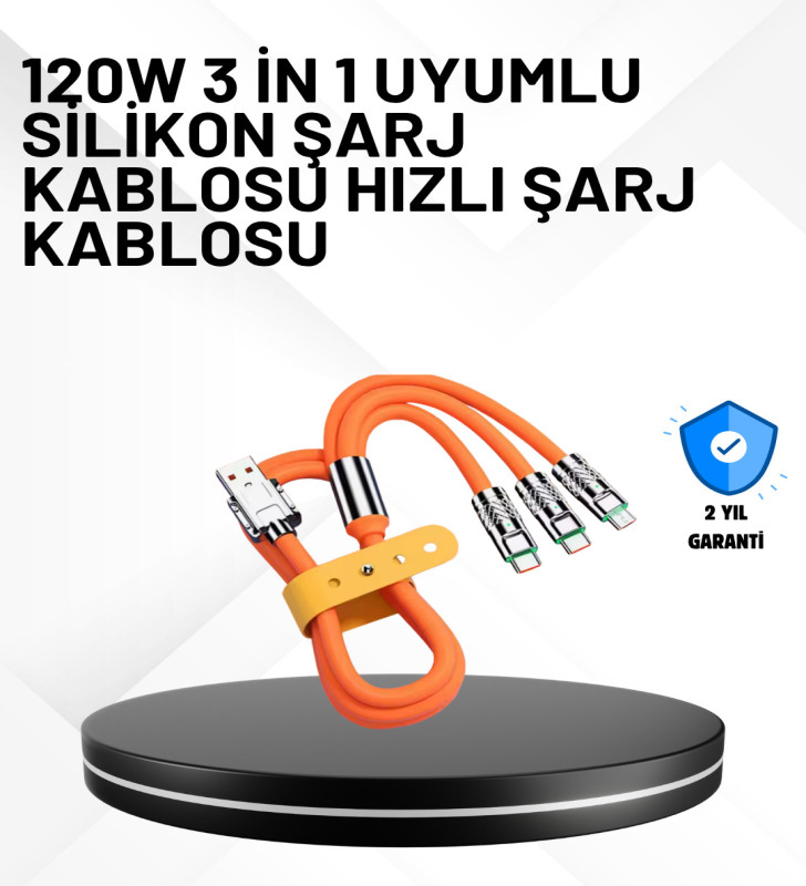3’ü 1 Arada Kablo – 120W Hızlı Şarj ve Veri Aktarımı Özellikli - Lisinya