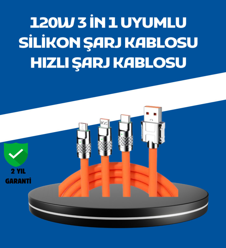 120W Şarj Destekli 3’ü 1 Arada Çoklu Şarj Kablosu – 1.2 Metre - Lisinya