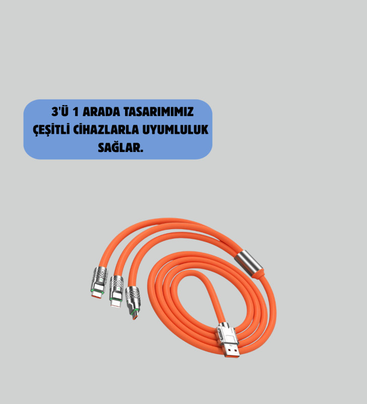 120 W Şarj ve Veri Aktarımı Kablo– 3 Başlıklı Çok Amaçlı Kablo Yüksek Hızlı - Lisinya