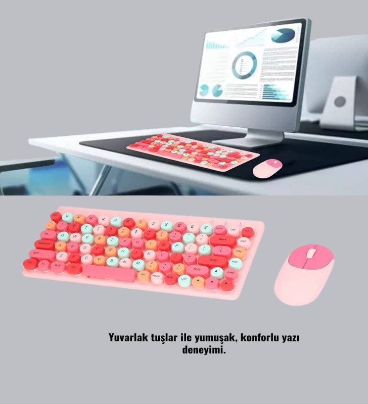 Renkli Retro Tuş Takımlı Klavye – 3 Cihaz Bağlantısı, Medya Kısayol Tuşları - Lisinya