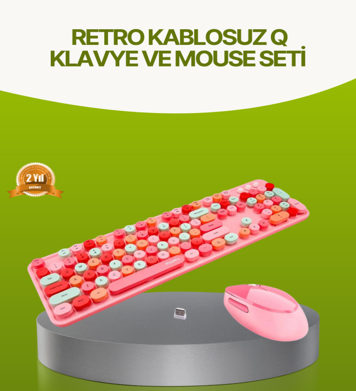 Bluetooth Retro Kablosuz Klavye ve Mouse Seti – 3 Cihaz Bağlantılı, Sessiz Tuş, Uzun Pil Ömrü - Lisinya