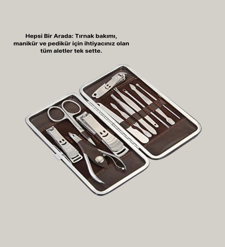 Özel Deri Çantalı 12 Parça Manikür Pedikür Bakım Seti Paslanmaz Çelik - Lisinya