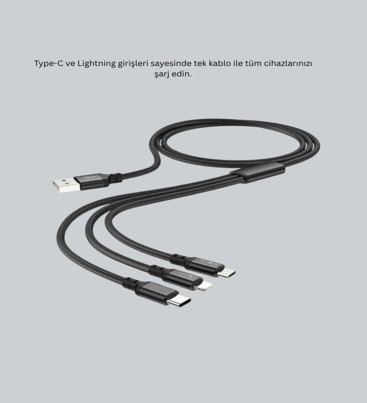 Çoklu USB Şarj Kablosu – 1,2m Hızlı Şarj, 3A Güçlü Akım - Lisinya