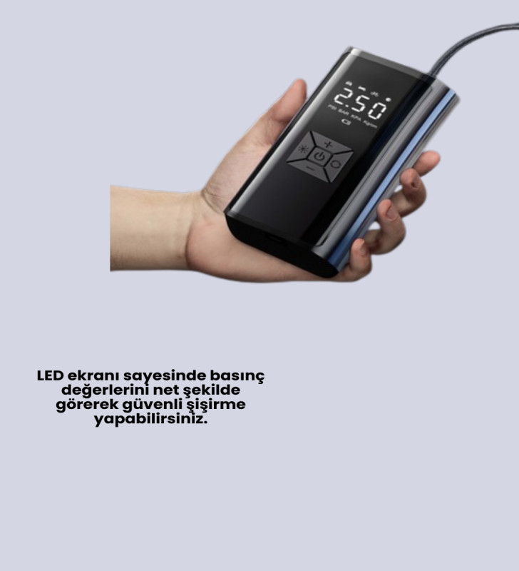 LED Fenerli ve SOS Işıklı Çok Fonksiyonlu Hava Kompresörü - Lisinya