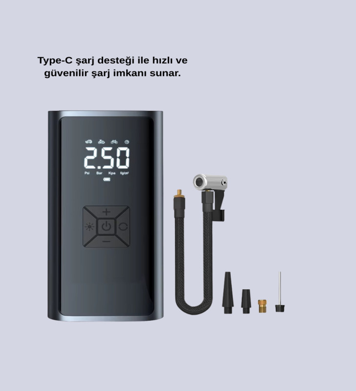 LED Fenerli ve SOS Işıklı Çok Fonksiyonlu Hava Kompresörü - Lisinya