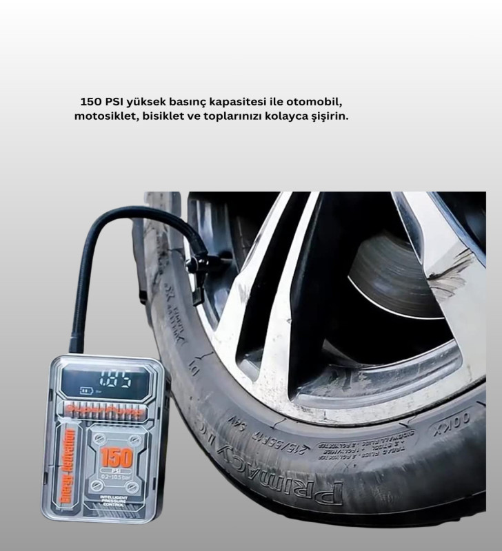 150 PSI Kablosuz Dijital Ekranlı Taşınabilir Araç Lastik Pompası - Lisinya