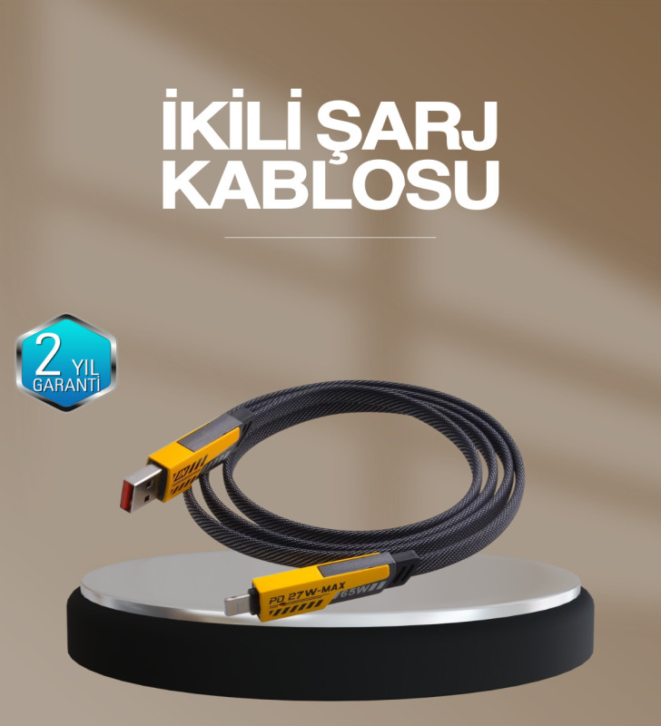 Hızlı Şarj Destekli 65W Örgülü USB-C ve USB-A Çoklu Şarj Kablosu - Lisinya