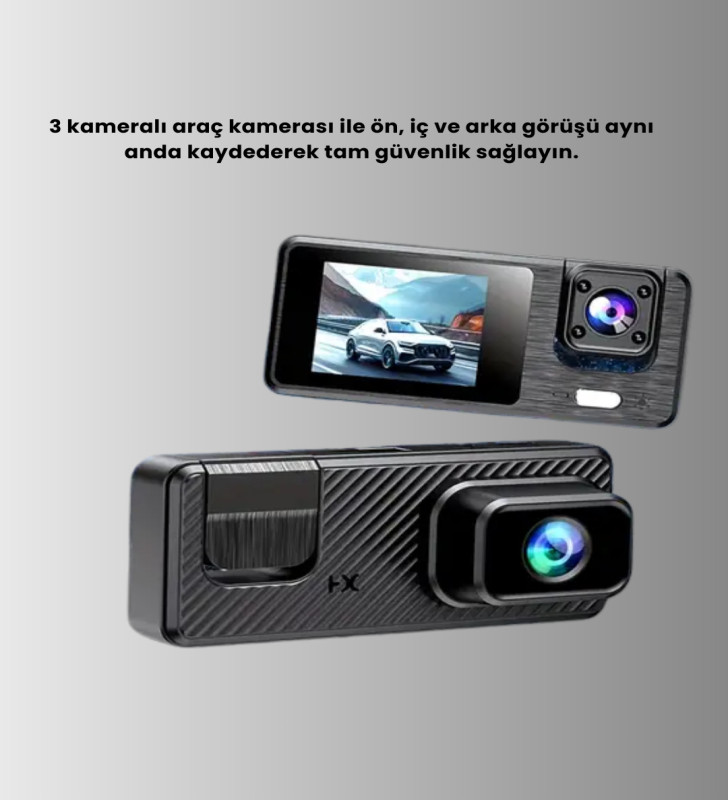Çok Açılı Araç İçi DVR | Ön İç Arka Kamera, Döngü Video Kaydı - Lisinya