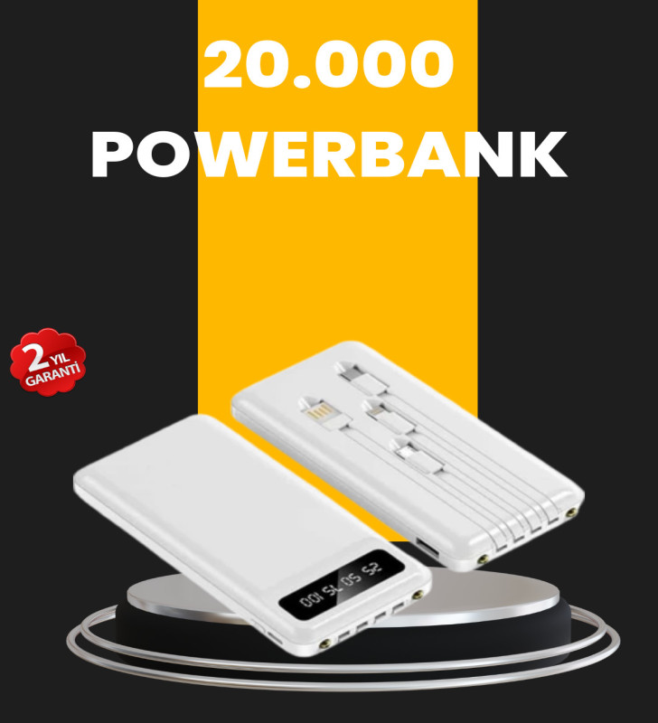LED Işıklı 20.000mAh Powerbank LCD Gösterge Dahili Çoklu Kablo - Lisinya