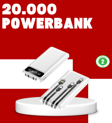20.000mAh PD Powerbank LED Işık LCD Ekran Dahili Kablo Çoklu Giriş - Lisinya