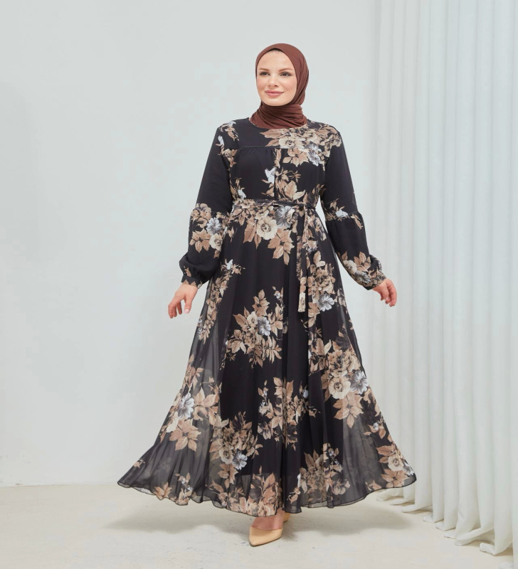 Yaprak Desenli Zarif ve Şık Uzun Boy Büyük Beden Astarlı Şifon Elbise