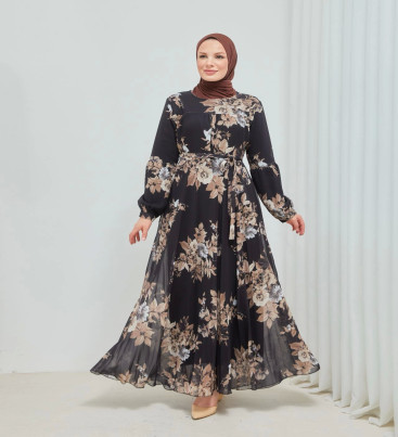 Yaprak Desenli Zarif ve Şık Uzun Boy Büyük Beden Astarlı Şifon Elbise