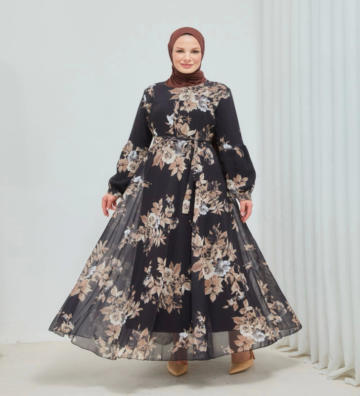 Yaprak Desenli Zarif ve Şık Uzun Boy Büyük Beden Astarlı Şifon Elbise