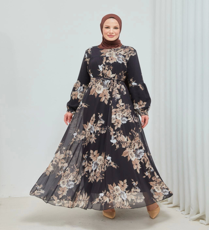 Yaprak Desenli Zarif ve Şık Uzun Boy Büyük Beden Astarlı Şifon Elbise