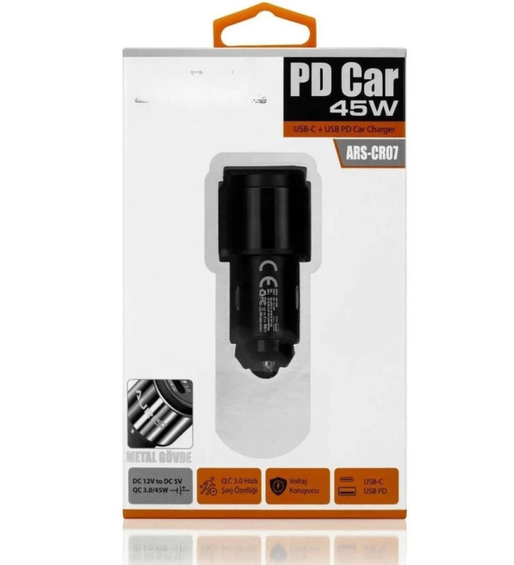 45W PD USB Oto Şarj Kafa Hızlı Şarj Çakmaklık Adaptörü, USB-C ve USB-A Çıkışlı, iPhone ve Android Uyumlu ( Lisinya )