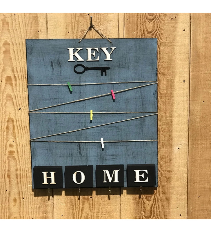 Dekoratif Home Keys Ahşap Resimlik ve Notluk (Saks Mavisi)