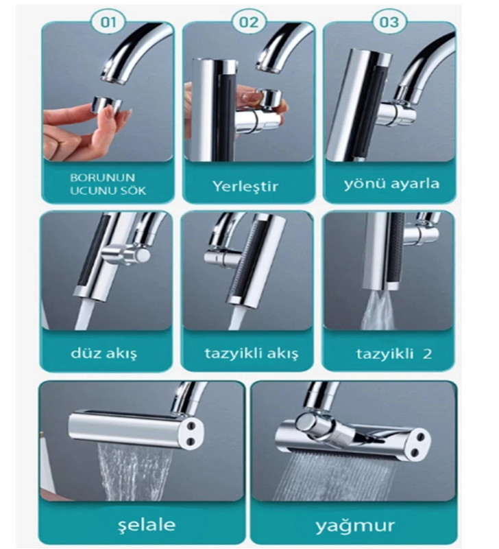 Krom Tasarruflu Şelale Musluk Başlığı 4 Modlu, Ayarlanabilir, Su Tasarrufu Sağlayan Pratik Başlık ( Lisinya )