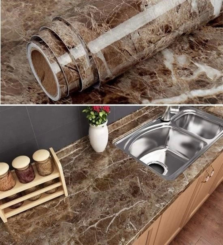 Mermer Desenli Masa Tezgah Mutfak Su Geçirmez Yapışkanlı Folyo Sticker Kahverengi 5x0,6m ( Lisinya )