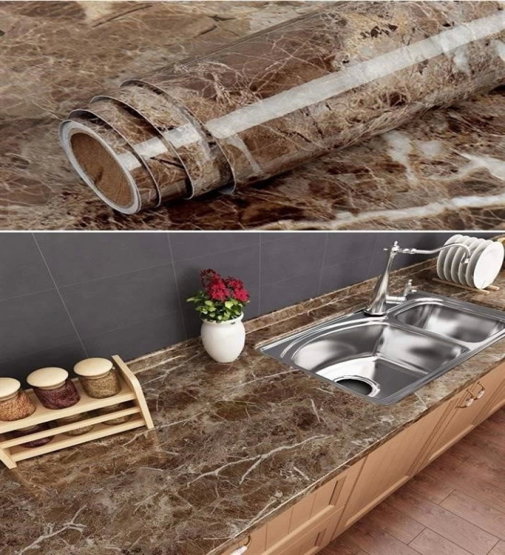Mermer Desenli Masa Tezgah Mutfak Su Geçirmez Yapışkanlı Folyo Sticker Kahverengi 5x0,6m ( Lisinya )