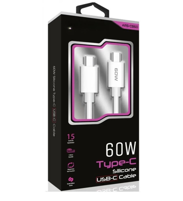 60W USB-C Type-C Silikon Şarj Kablosu Hızlı Şarj, Dayanıklı ve Esnek Tasarım, Tüm USB-C Cihazlarla Uyumlu ( Lisinya )